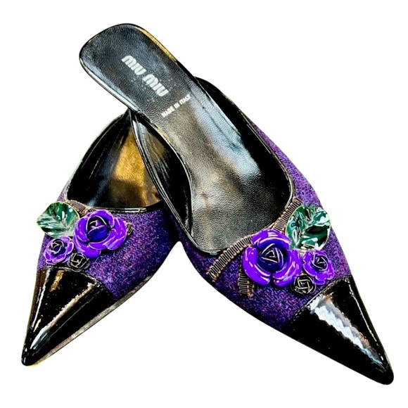 Miu Miu Purple Wool Tweed & Patent Leather Kitten Heel Slides - Size 6.5 - Picture 1 of 7